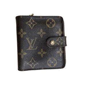 Louis Vuitton Womens Brown Leather Monogram Canvas Bifold Compact Zipper Wallet